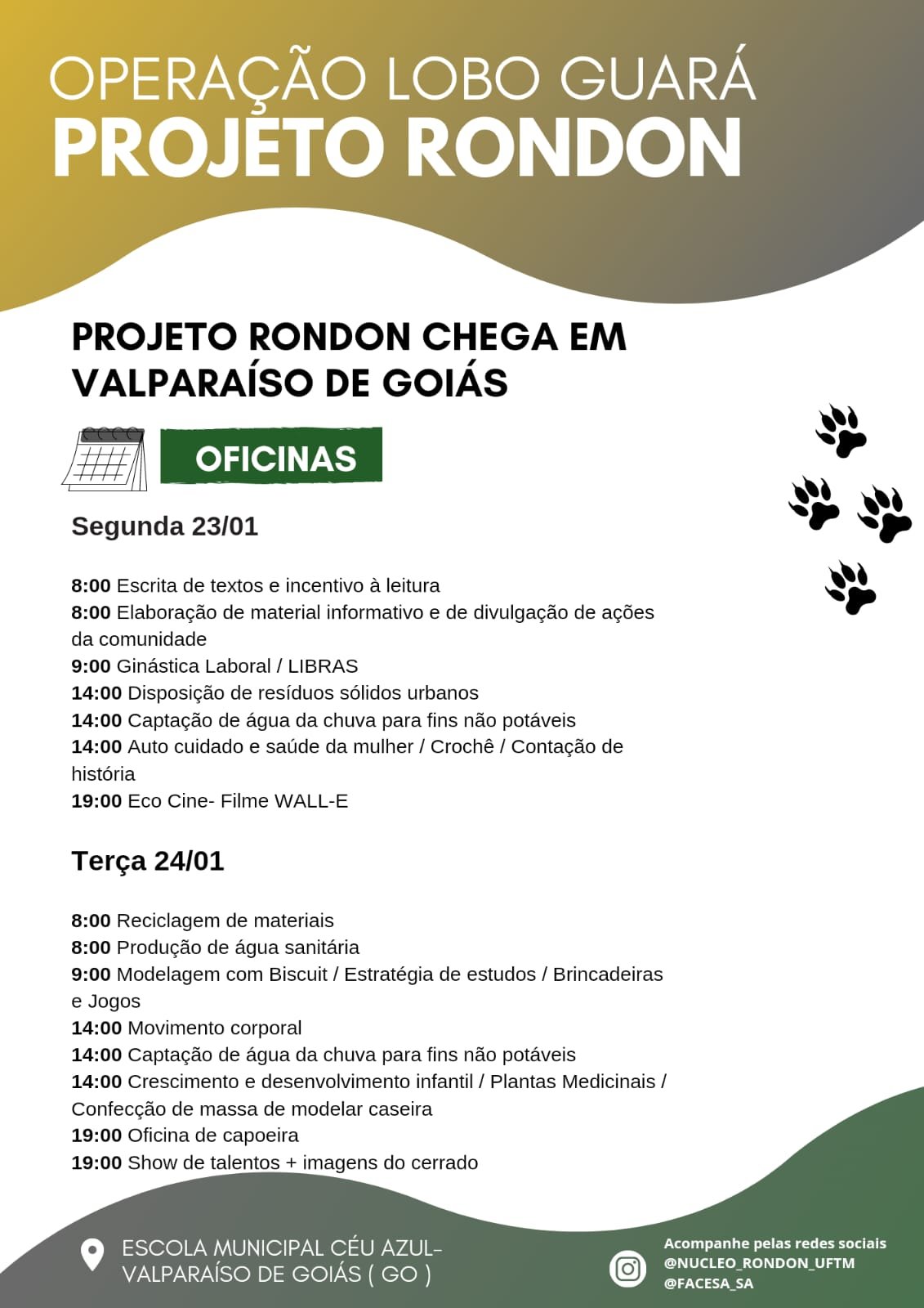 CONFIRA A PROGRAMAÇÃO DO PROJETO RONDON NOS DIAS 23 E 24 DE JANEIRO